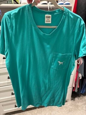 PINK Victoria's Secret Women's Teal Pocket Tee with Logo